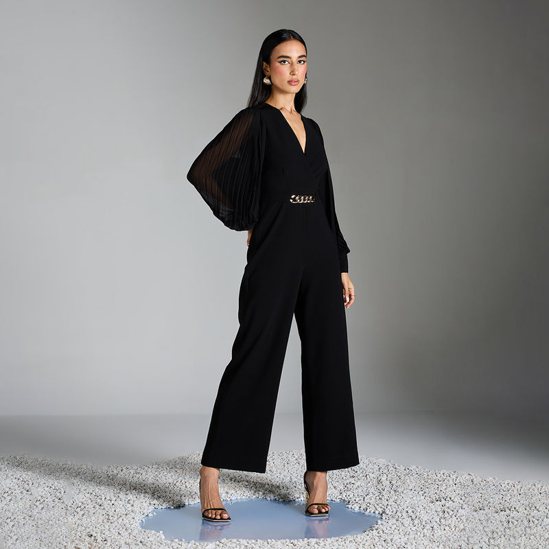 RSVP by Nykaa Fashion Black Solid V Neck Full Sleeve Straight Fit Jumpsuit (XS)