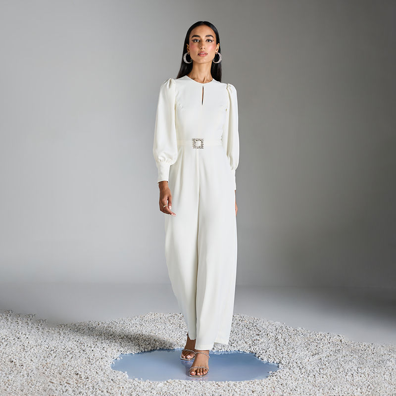 RSVP by Nykaa Fashion White Solid Round Neck Puff Sleeve Jumpsuit (S)