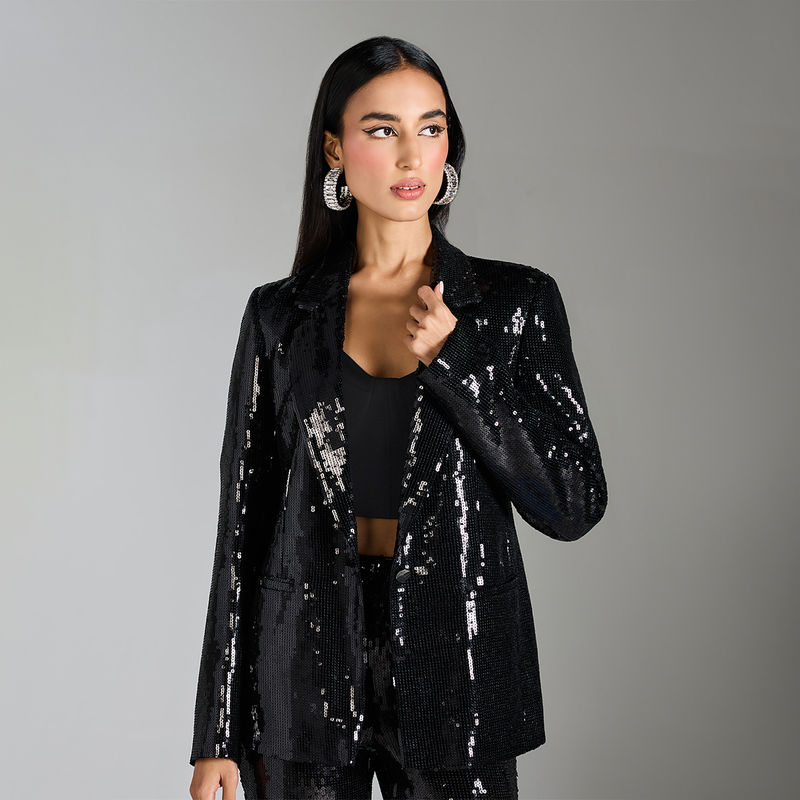 RSVP by Nykaa Fashion Black Sequinned Full Sleeves Party Blazer (L)