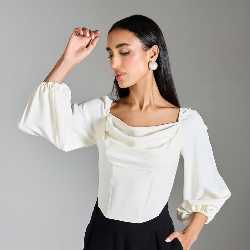 RSVP by Nykaa Fashion White Solid Cowl Neck Puff Sleeve Crop Corset Top (M)
