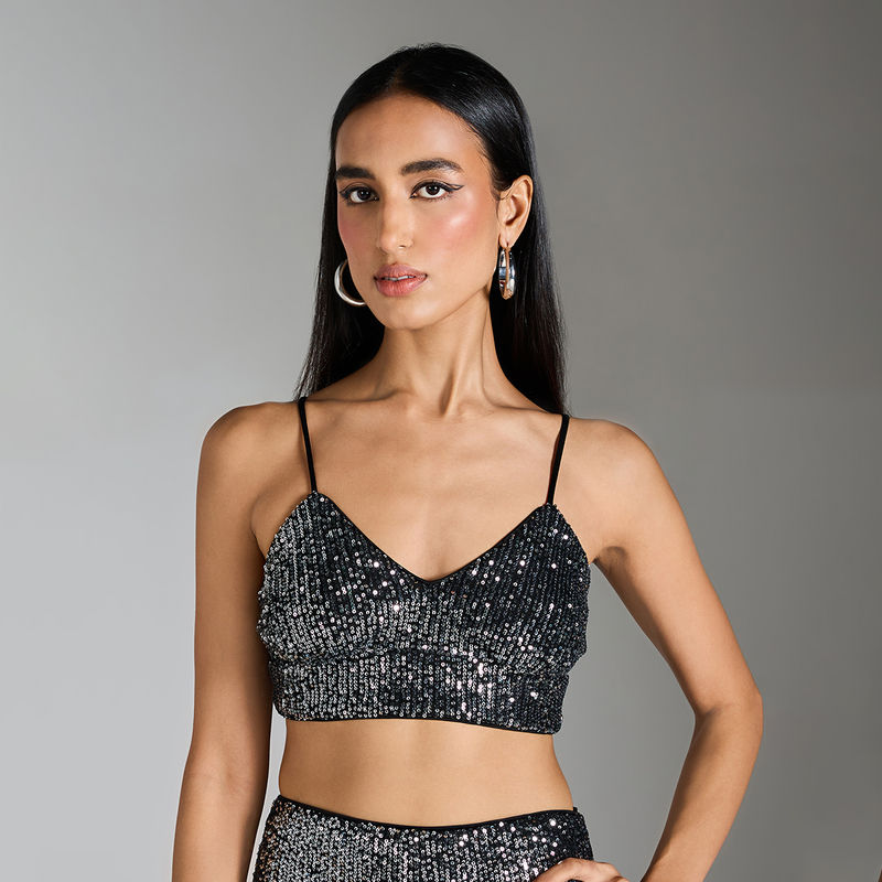RSVP by Nykaa Fashion Silver Sequin V Neck Strappy Crop Top (M)