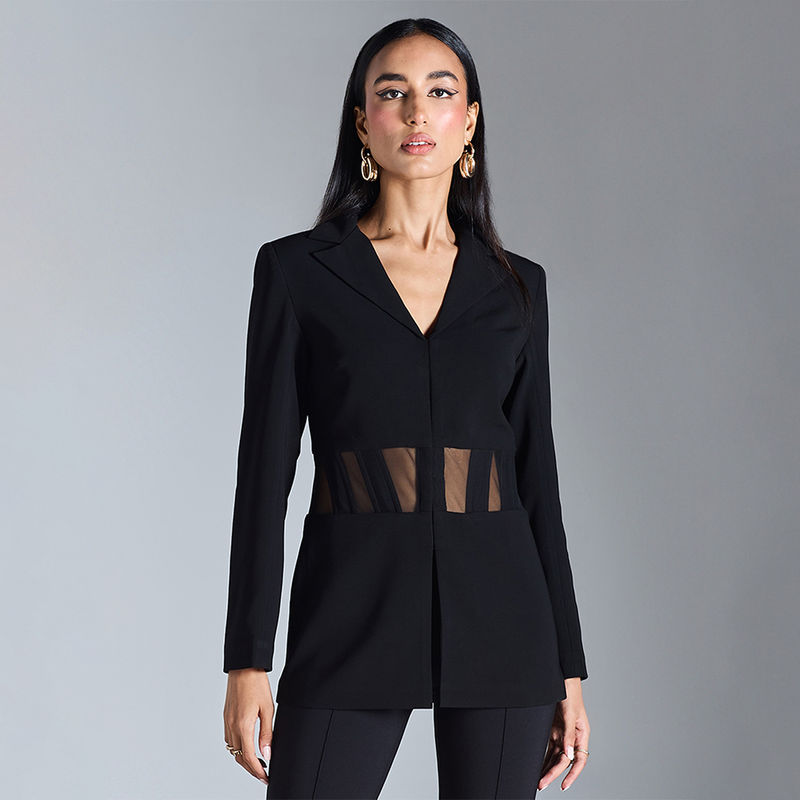 RSVP by Nykaa Fashion Black Solid Collared Mesh Detail Blazer Top (XS)