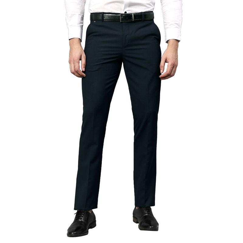 Cantabil Men Navy Blue Solid Non Pleated Stretchable Formal Trouser (32)
