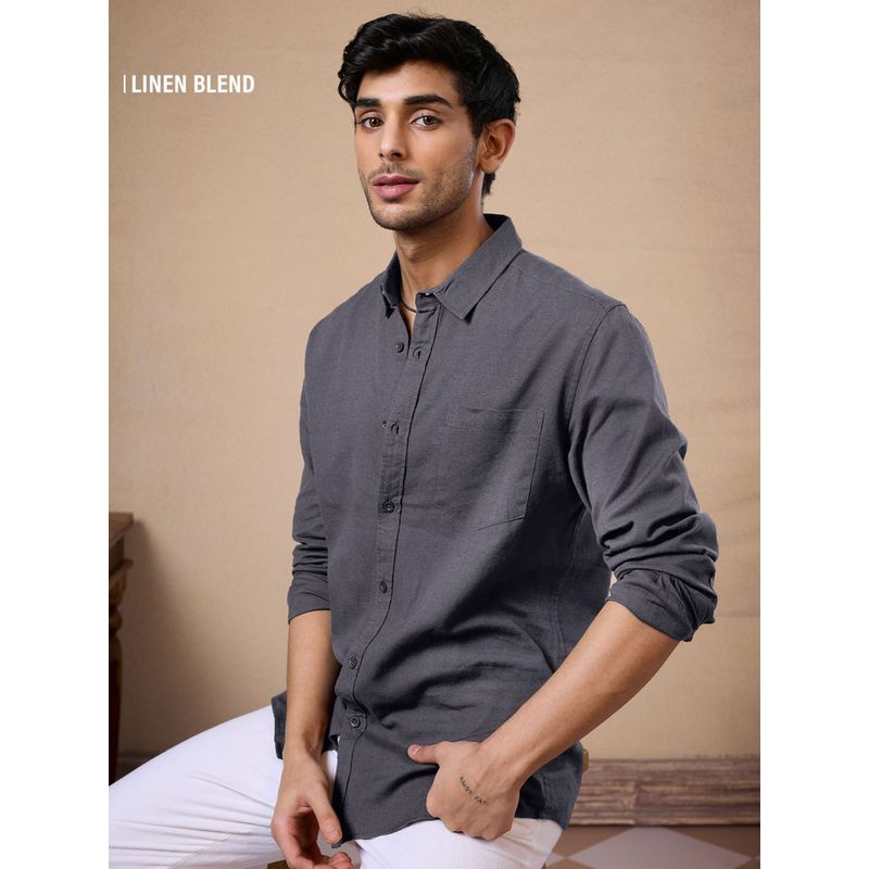 The Souled Store Cotton Linen Dark Grey Men Cotton Linen Shirt (2XL)