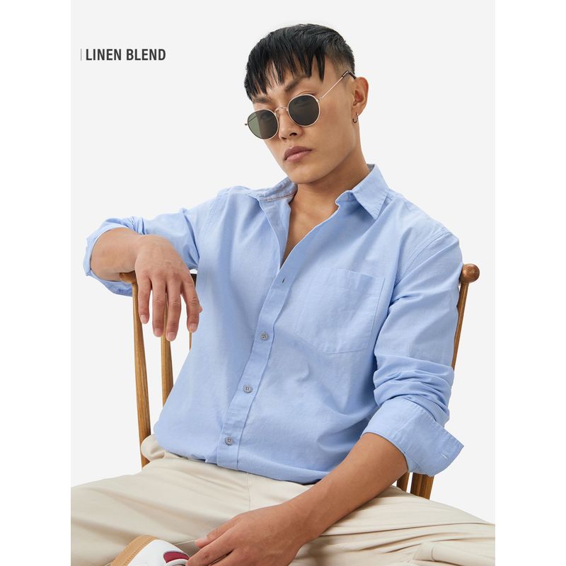 The Souled Store Cotton Linen Sky Blue Men Cotton Linen Shirt (M)