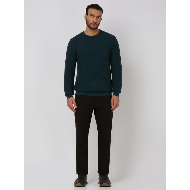 Mufti Teal Textured Full Sleeves Sweater (M)