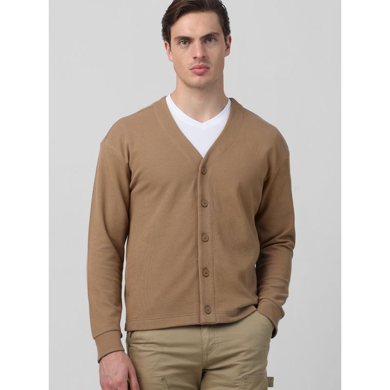 Mufti Khaki Textured Full Sleeves Sweater (M)
