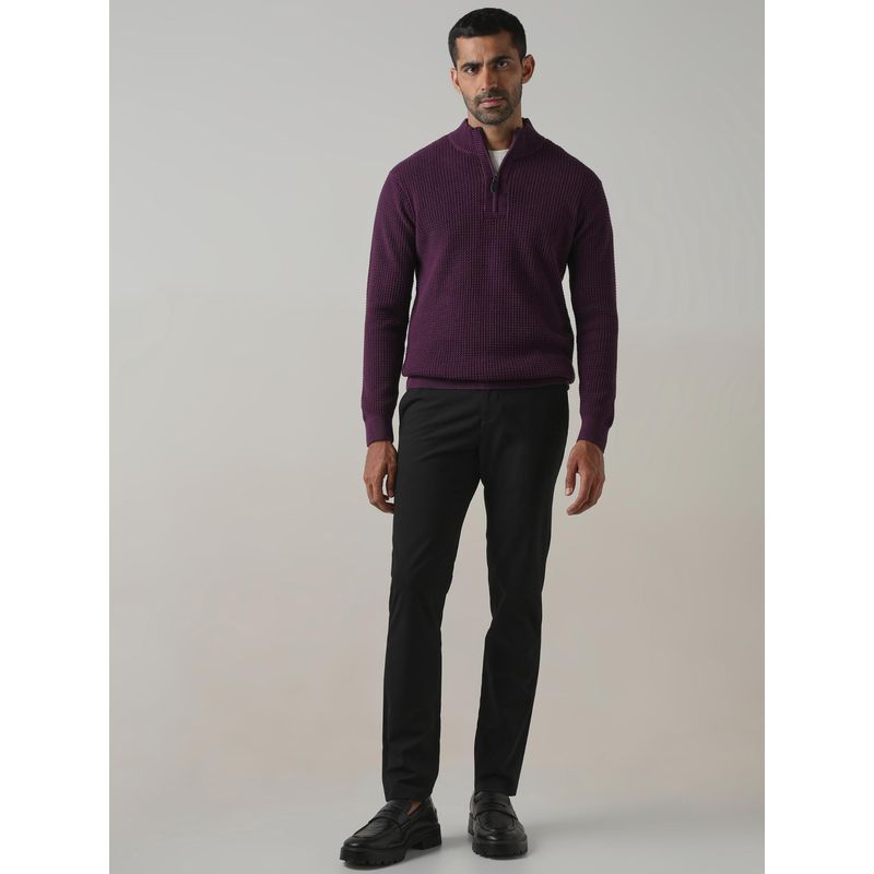 Mufti Purple Textured Full Sleeves Sweater (M)