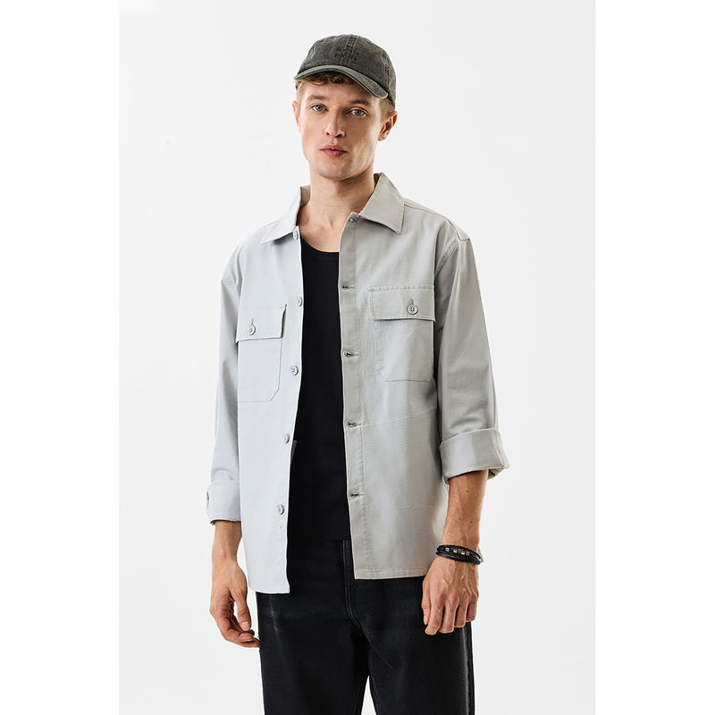 Snitch Light Grey Solid Full Sleeves Relaxed Casual Overshirt for Men (XL)