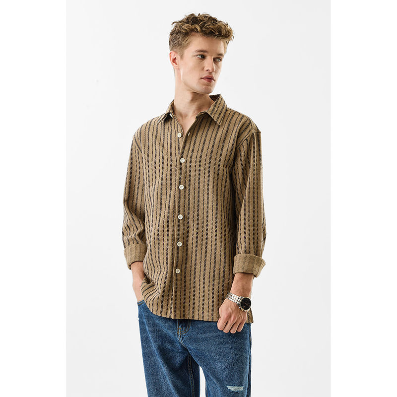 Snitch Brown Striped Full Sleeves Regular Casual Shirt for Men (L)