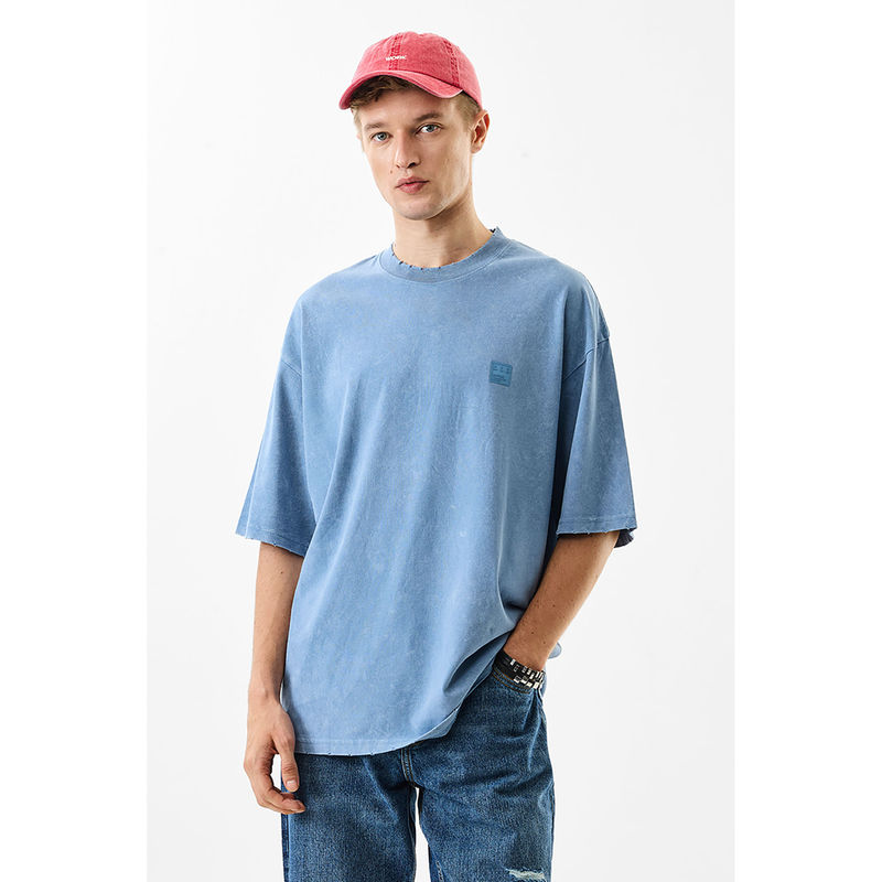 Snitch Blue Solid Half Sleeves Oversized Casual T-Shirt for Men (M)