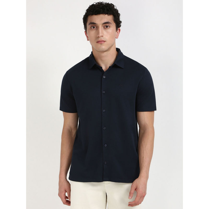 Calvin Klein Solid Regular-Fit Cotton Shirt - Navy Blue (XL)