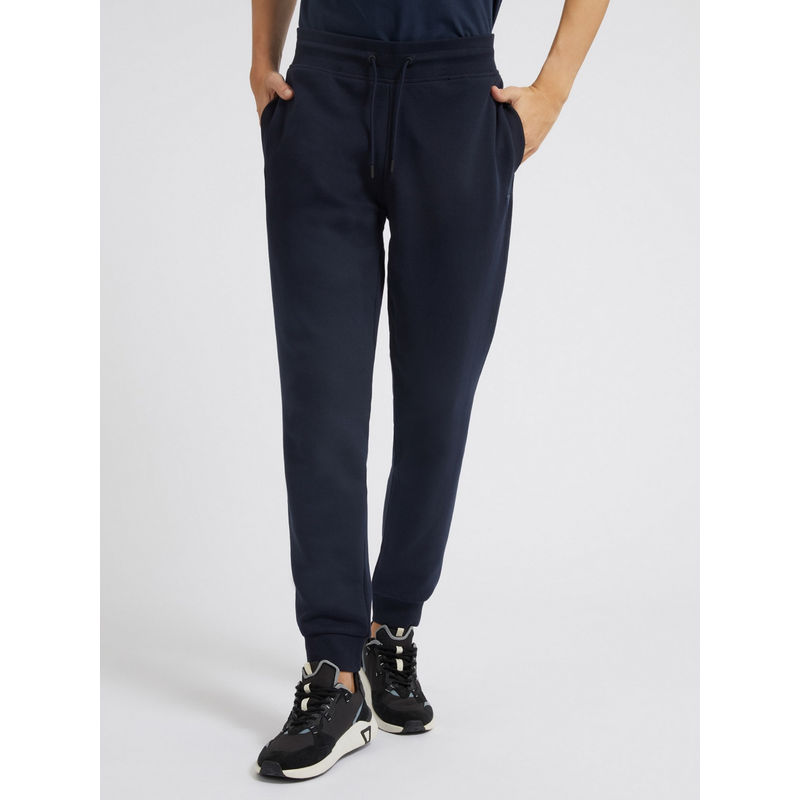 Guess Blue Cotton Blend Solid Regular Fit Joggers (L)