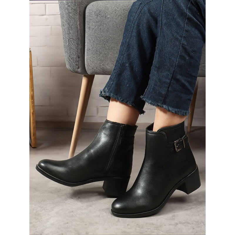 ELLE Black Solid Zip Party Wear Women's Buckle Boots (EURO 37)