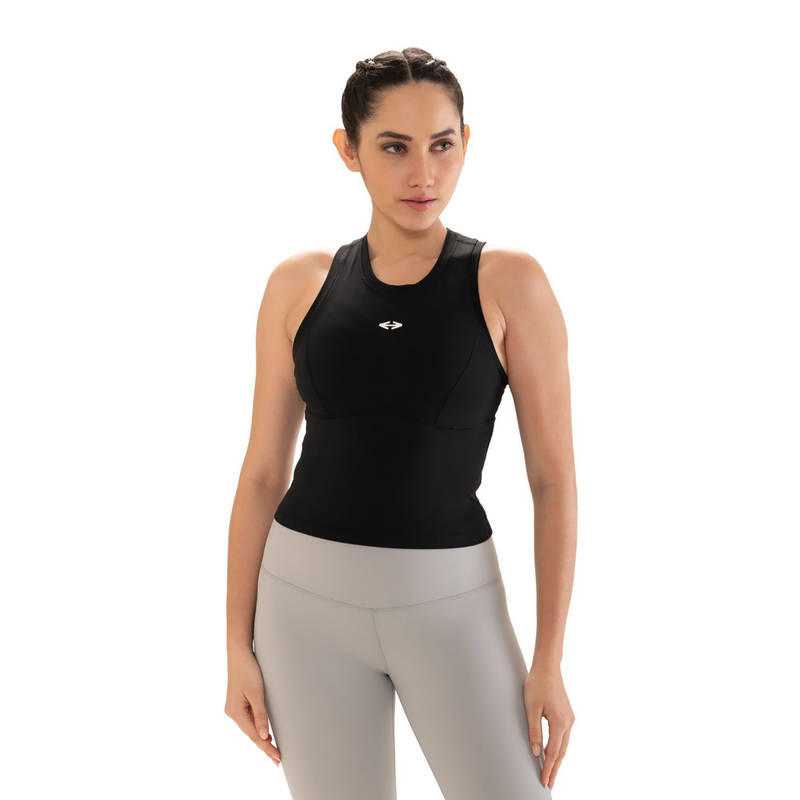 STRCH Solid Regular Fit Sleeveless Round Neck Black Tank Top (L)