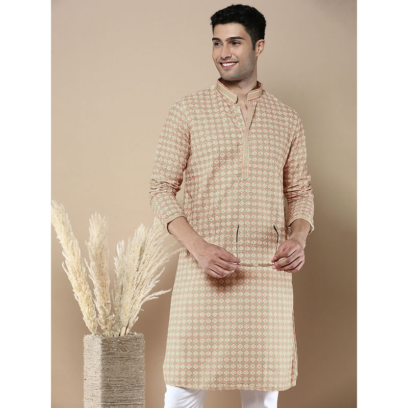 Sanwara Beige Stylish Ethnic Chikankari Printed Kurta for Men (L)