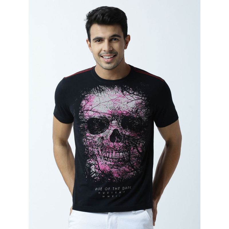 Huetrap Mens Printed Round Neck Black T-Shirt (M)