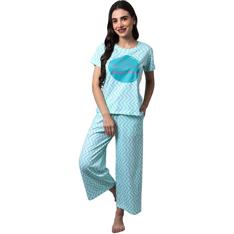 Slumber Jill Women Ice Green Chevron Printed T-Shirt & Pyjama (Set of 2) (2XL)