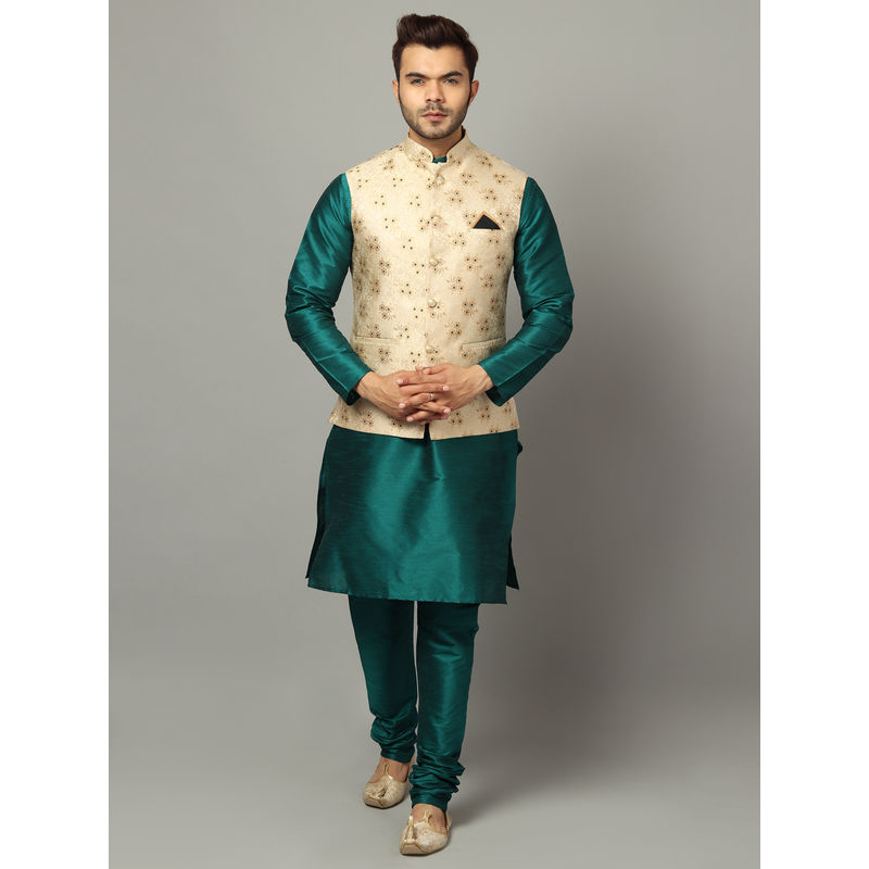 Uri and MacKenzie Green Solid Silk Blend Kurta and Churidar with Nehru Jacket (S)