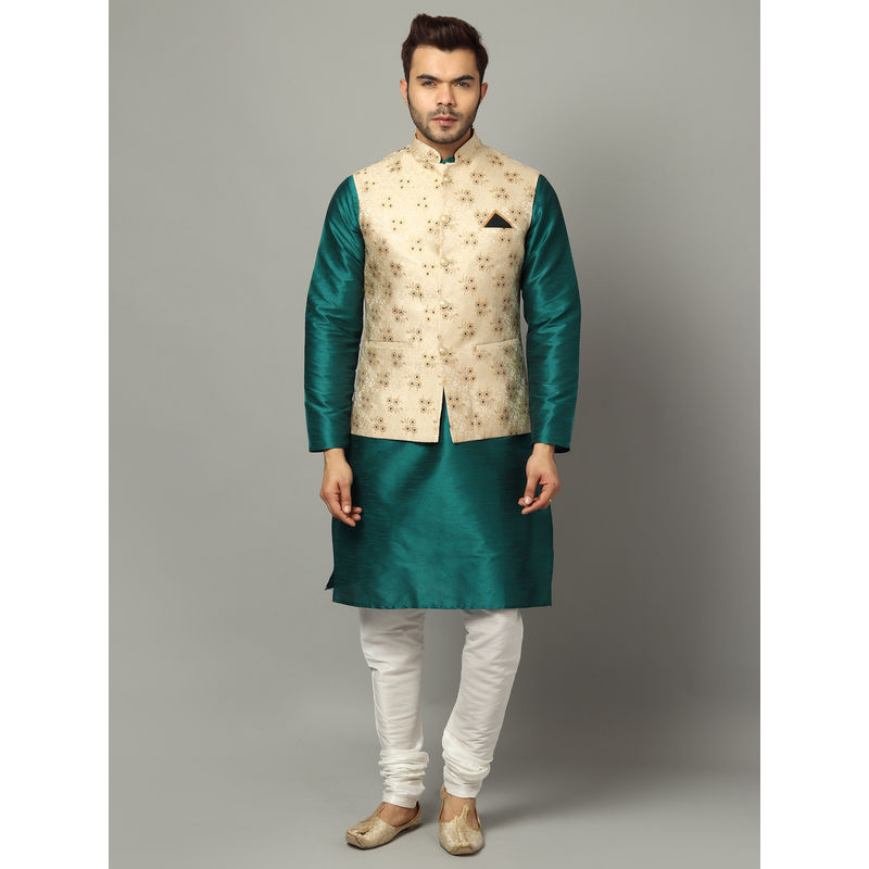 Uri and MacKenzie Men Green Solid Silk Blend Kurta and Churidar with Nehru Jacket (S)