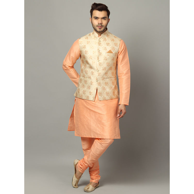 Uri and MacKenzie Peach Solid Silk Blend Kurta and Churidar with Nehru Jacket (S)