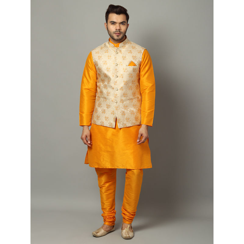 Uri and MacKenzie Yellow Solid Silk Blend Kurta and Churidar with Nehru Jacket (S)