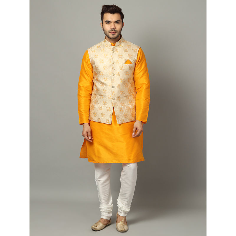 Uri and MacKenzie Men Yellow Solid Silk Blend Kurta and Churidar with Nehru Jacket (S)