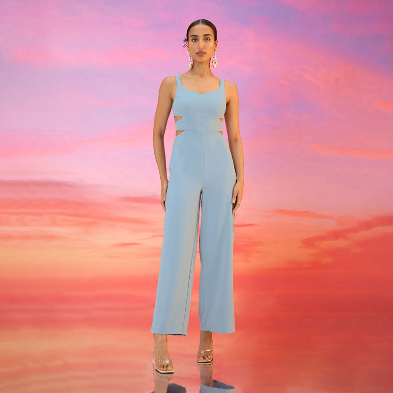 RSVP by Nykaa Fashion Light Blue Sweetheart Neck Cut Out Solid Jumpsuit (M)