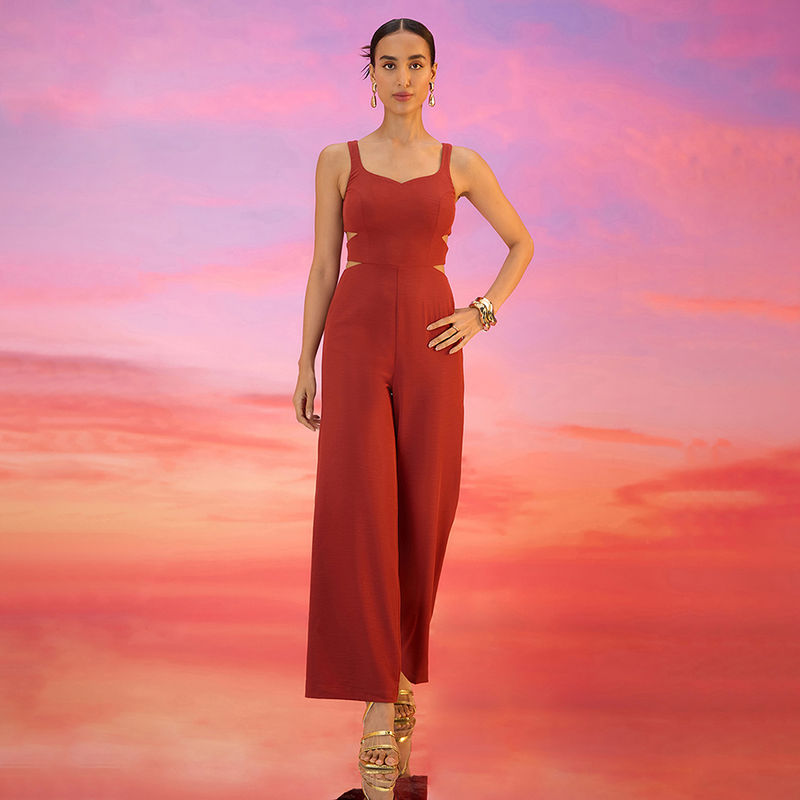RSVP by Nykaa Fashion Rust Sweetheart Neck Cut Out Solid Jumpsuit (S)