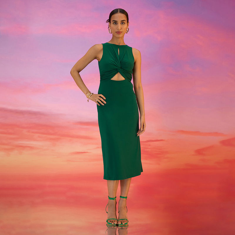 RSVP by Nykaa Fashion Bottle Green Round Neck Solid Fitted Midi Dress (S)