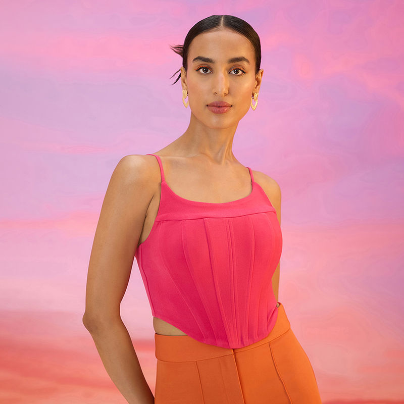 RSVP by Nykaa Fashion Hot Pink Boat Neck Strappy Corset Crop Top (L)