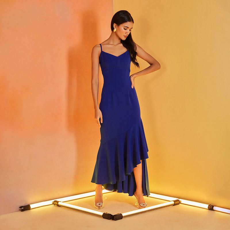 RSVP by Nykaa Fashion Royal Blue V Neck Fit and Flare Ruffled Midi Dress (XS)