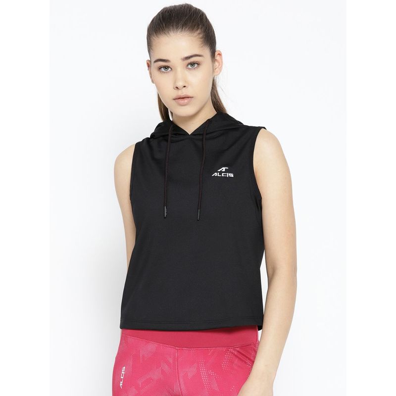 Alcis Women Black Solid Hooded Sleeveless Sweatshirt (XL)