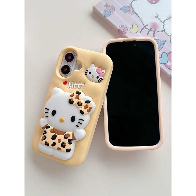 Treemoda Yellow 3D Leopard Print Cat Kickstand Case for Iphone 16 (iPhone 16)
