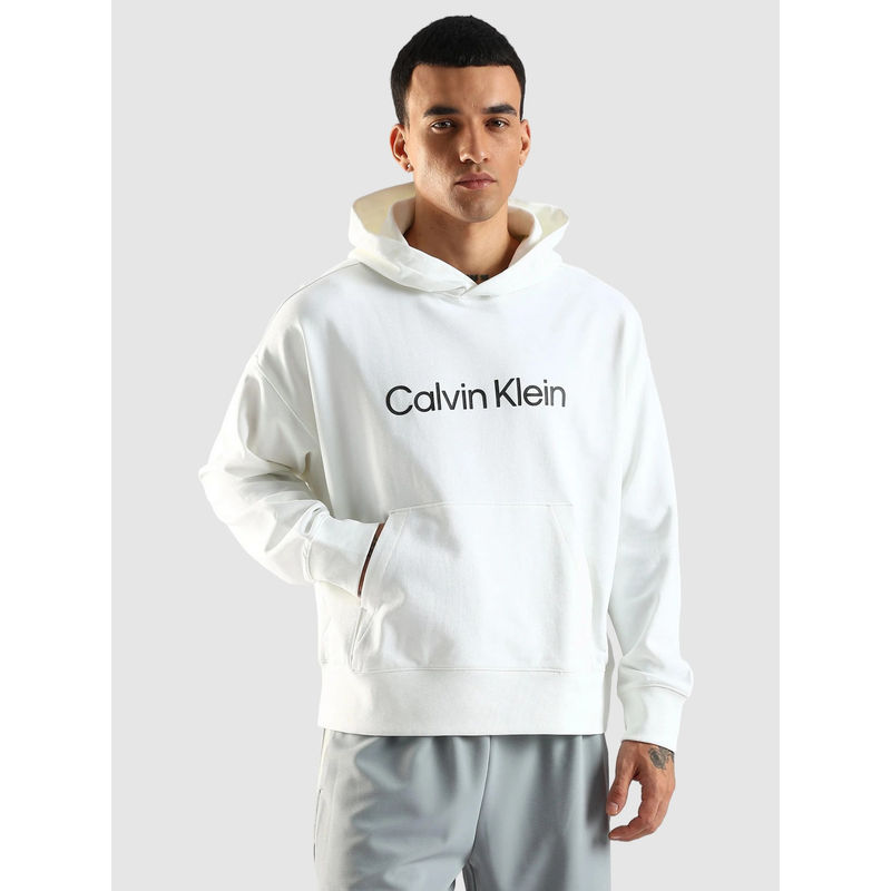 Calvin Klein White Solid Relaxed Fit Cotton Hoodie (M)