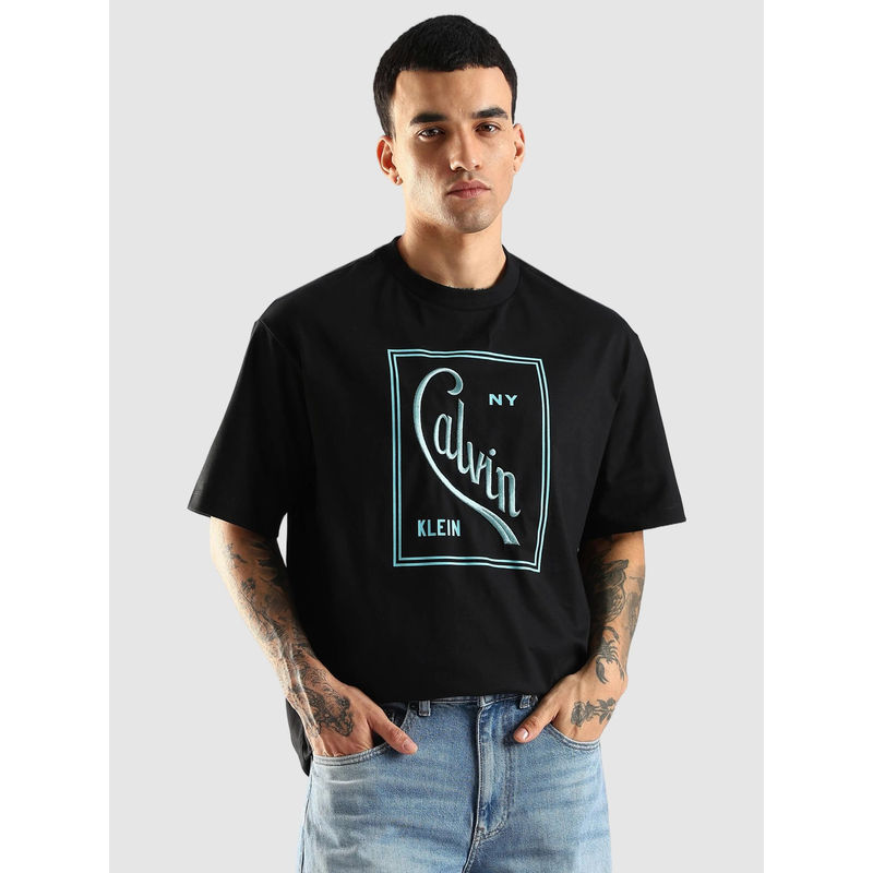 Calvin Klein Men Black Embroidered Logo Relaxed Fit Cotton T-Shirt (M)