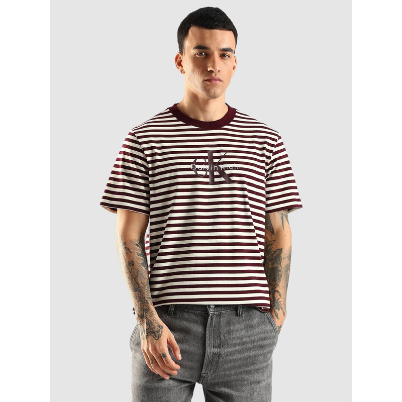 Calvin Klein Men Burgundy Stripes Logo Relaxed Fit Cotton T-Shirt (S)