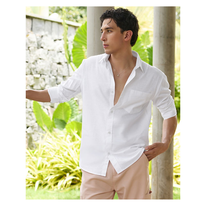 Bewakoof Men's White Cotton Linen Shirt (S)