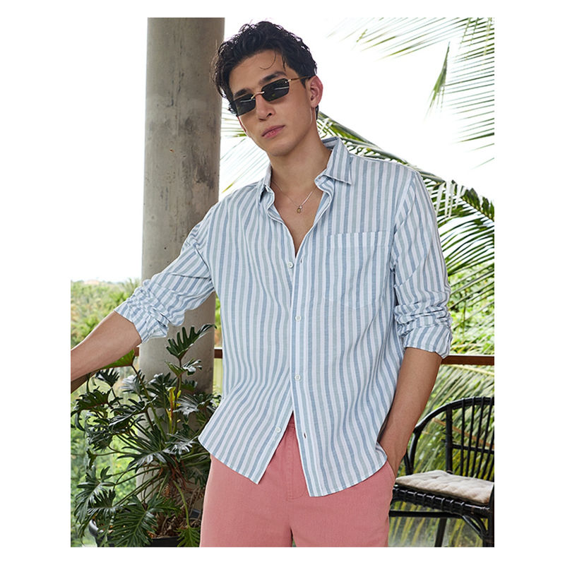 Bewakoof Men's White & Blue Striped Cotton Linen Shirt (S)