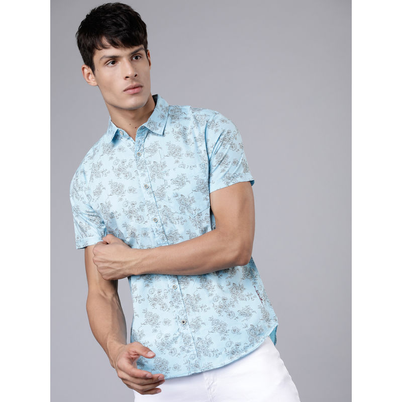 LOCOMOTIVE Men Blue Floral Slim Fit Casual Shirt (S)