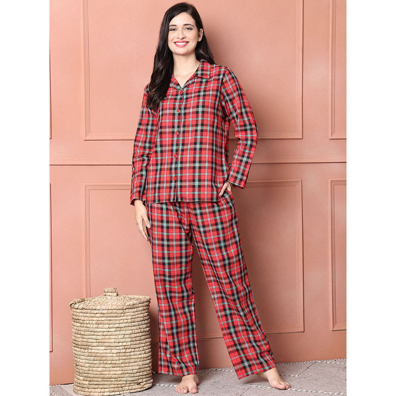 Secret Wish Red Checkered Flannel Shirt with Pyjama (Set of 2) (S)