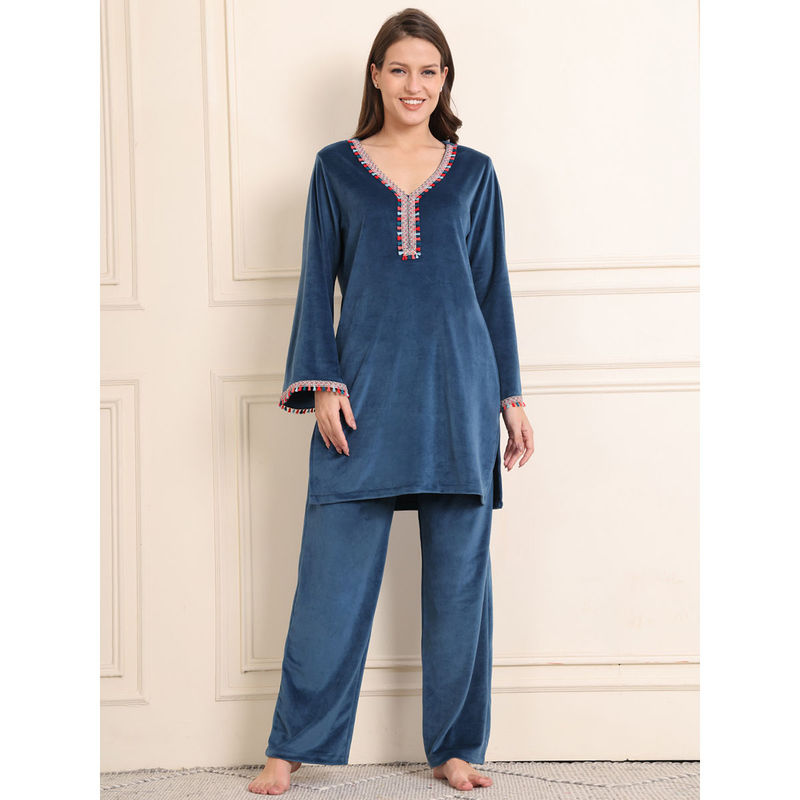 Secret Wish Teal Solid Velour Kurta with Pyjama (Set of 2) (S)