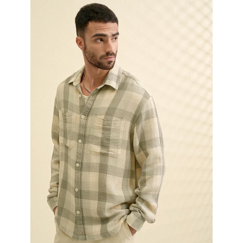 LOCOMOTIVE Men Olive Checks Relaxed Fit Casual Shirt (M)