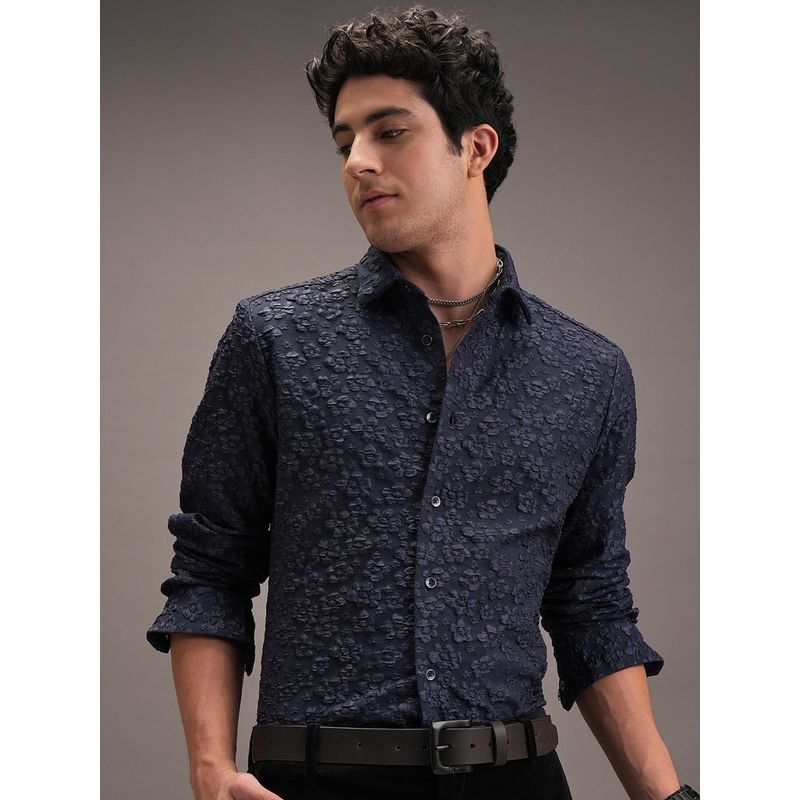 LOCOMOTIVE Men Navy Blue Floral Self Design Slim Fit Party Shirt (S)