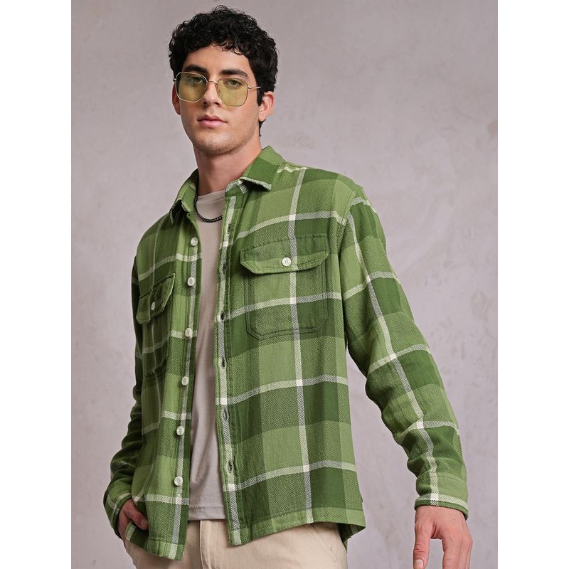 LOCOMOTIVE Men Olive Checks Relaxed Fit Casual Shirt (S)