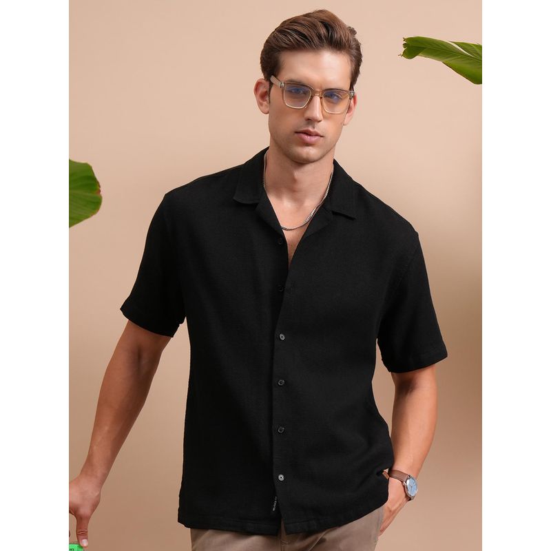 LOCOMOTIVE Men Black Textured Relaxed Fit Casual Shirt (L)