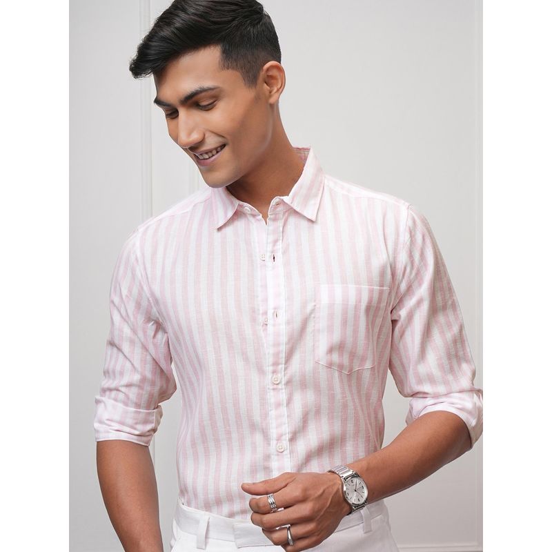 LOCOMOTIVE Men Pink Stripes Regular Fit Formal Shirt (S)