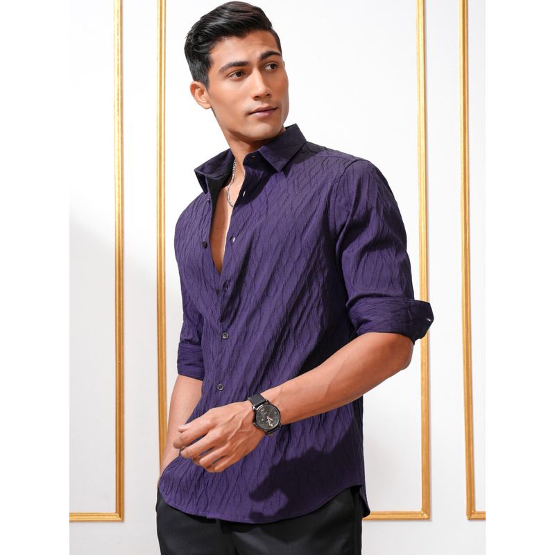 LOCOMOTIVE Men Purple Textured Slim Fit Party Shirt (M)