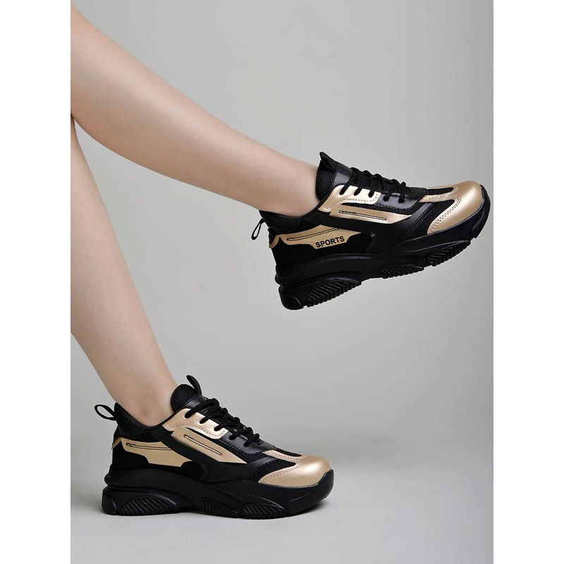 Shoetopia Smart Casual Comfortable Black & Gold Sneakers (EURO 38)