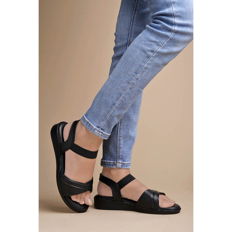 Shoetopia Solid Comfortable Black Sandals (EURO 38)